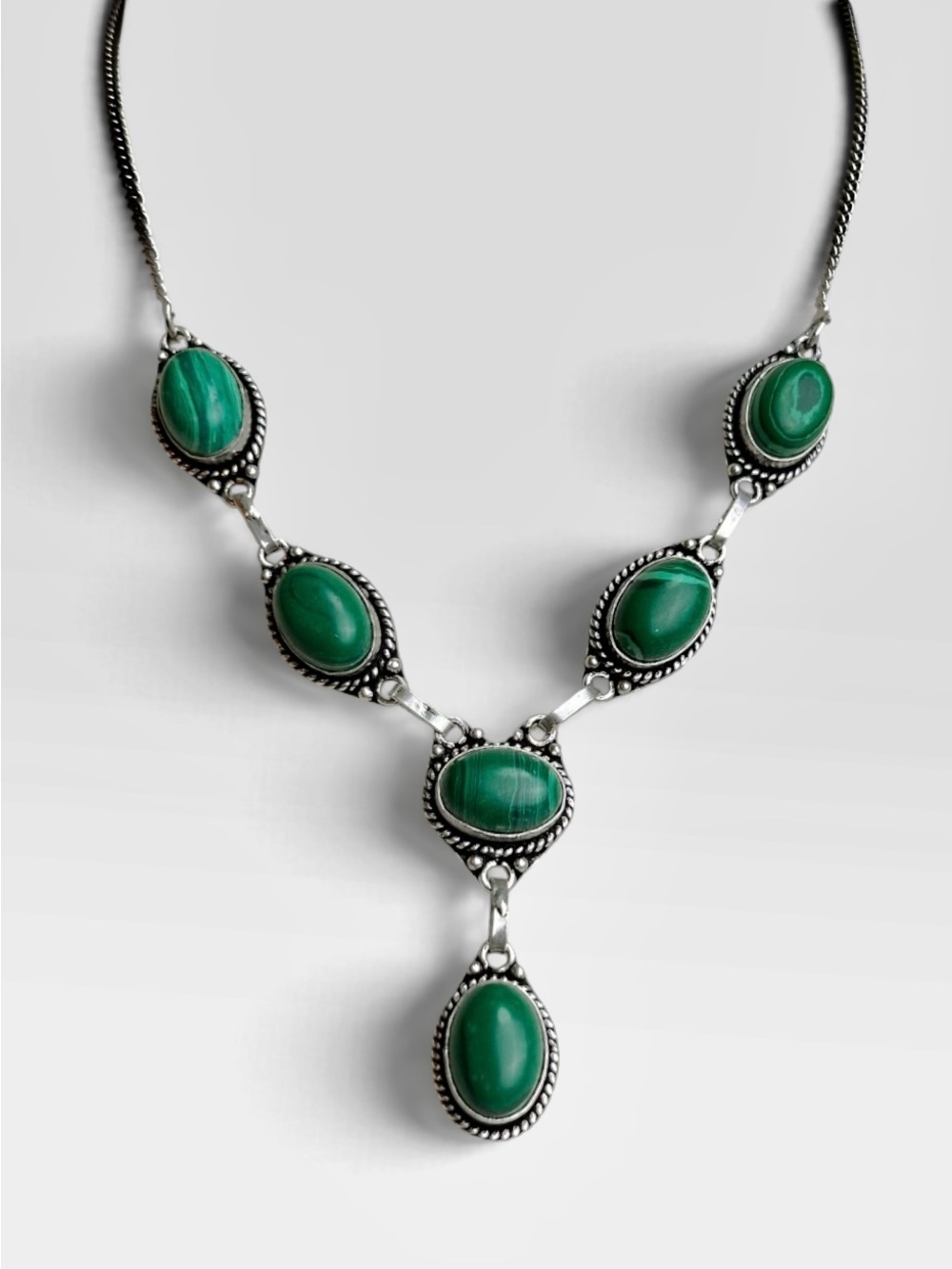 Green Malachite Cabochon Linked Drop Necklace Silver Finish Boho Earthy Festival